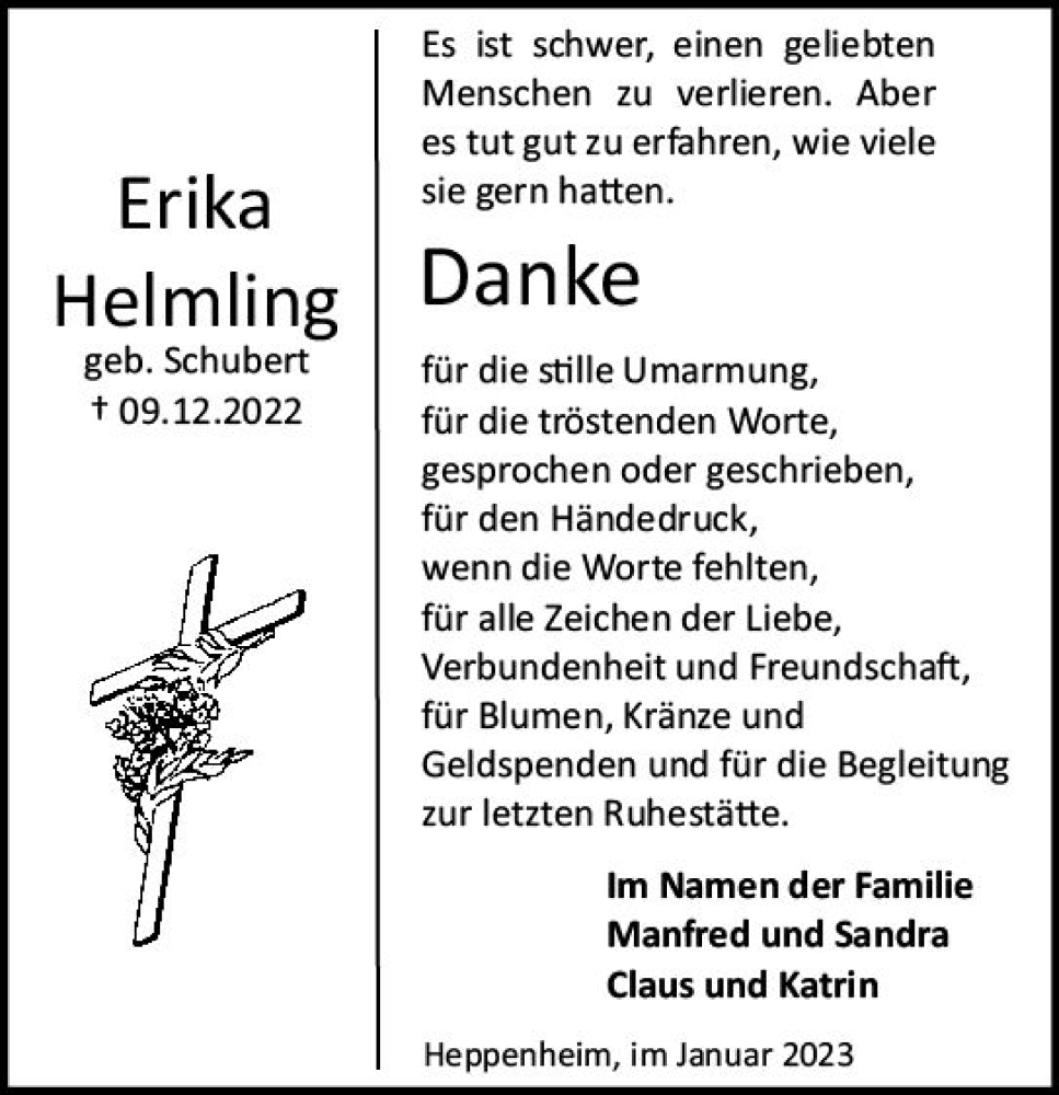  Traueranzeige für Erika Helmling vom 14.01.2023 aus Starkenburger Echo