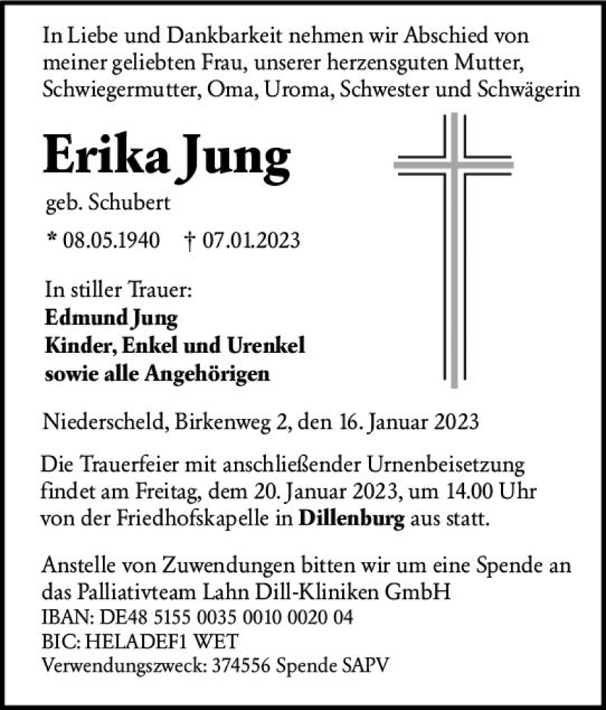  Traueranzeige für Erika Jung vom 16.01.2023 aus Dill Block