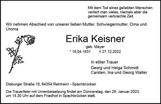 Traueranzeige von Erika Keisner von Darmstädter Echo