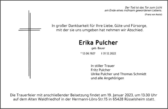 Traueranzeige von Erika Pulcher von Rüsselsheimer Echo