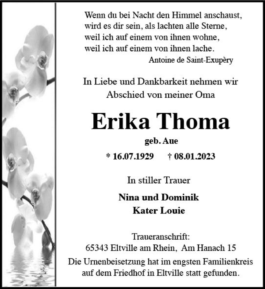  Traueranzeige für Erika Thoma vom 28.01.2023 aus Wiesbadener Kurier gesamt