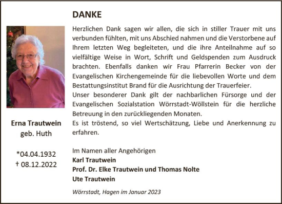 Traueranzeige von Erna Trautwein von Allgemeine Zeitung Alzey