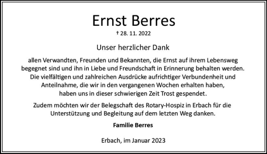 Traueranzeige von Ernst Berres von Odenwälder Echo