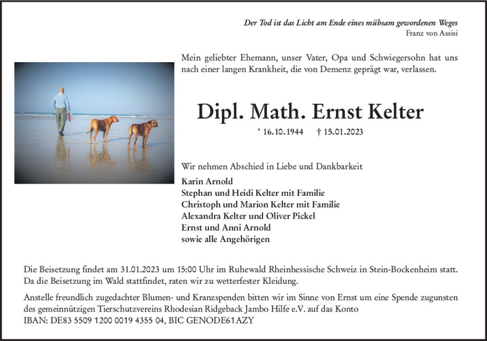  Traueranzeige für Ernst Kelter vom 24.01.2023 aus Allgemeine Zeitung Bad Kreuznach