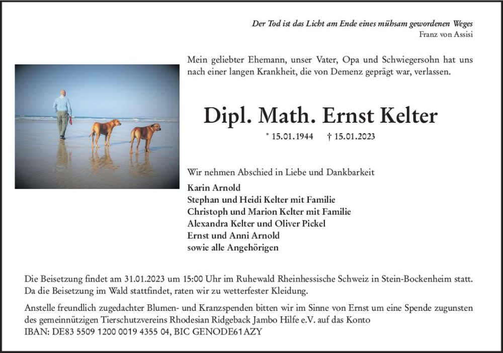  Traueranzeige für Ernst Kelter vom 21.01.2023 aus Allgemeine Zeitung Bad Kreuznach