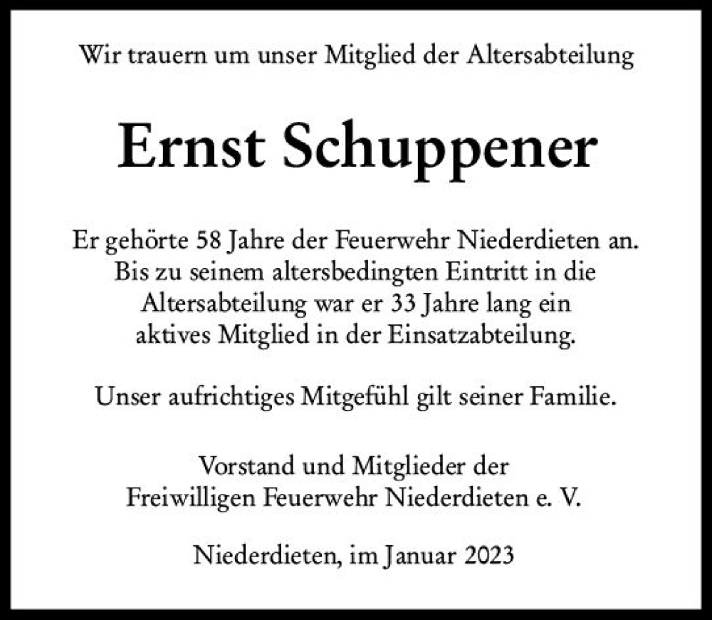  Traueranzeige für Ernst Schuppener vom 20.01.2023 aus Hinterländer Anzeiger