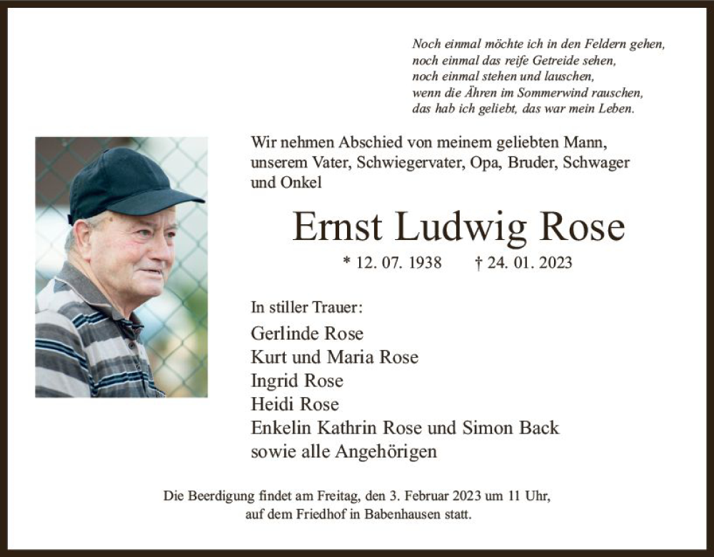  Traueranzeige für Ernst Ludwig Rose vom 28.01.2023 aus Darmstädter Echo