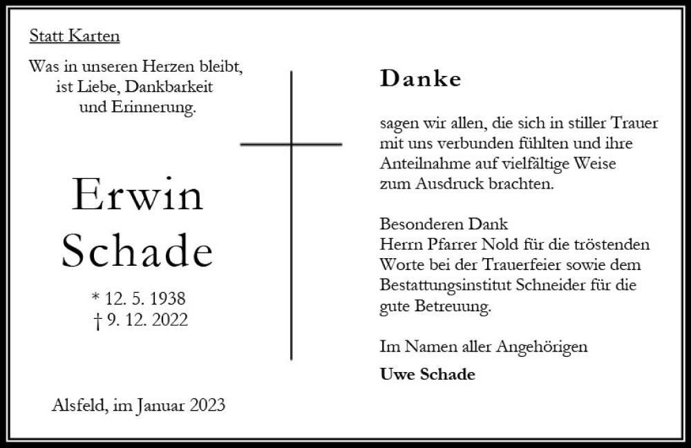  Traueranzeige für Erwin Schade vom 21.01.2023 aus OK Oberhessen Kurier