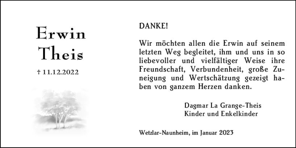  Traueranzeige für Erwin Theis vom 18.01.2023 aus Wetzlarer Neue Zeitung