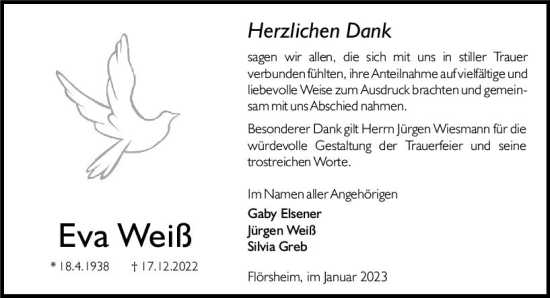 Traueranzeige von Eva Weiß von Rüsselsheimer Echo