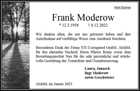 Traueranzeige von Frank Moderow von OK Oberhessen Kurier
