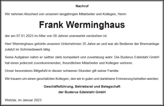 Traueranzeige von Frank Werminghaus von Wetzlarer Neue Zeitung