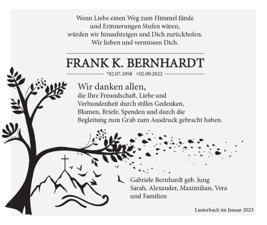 Traueranzeige von Frank K. Bernhardt von VRM Trauer