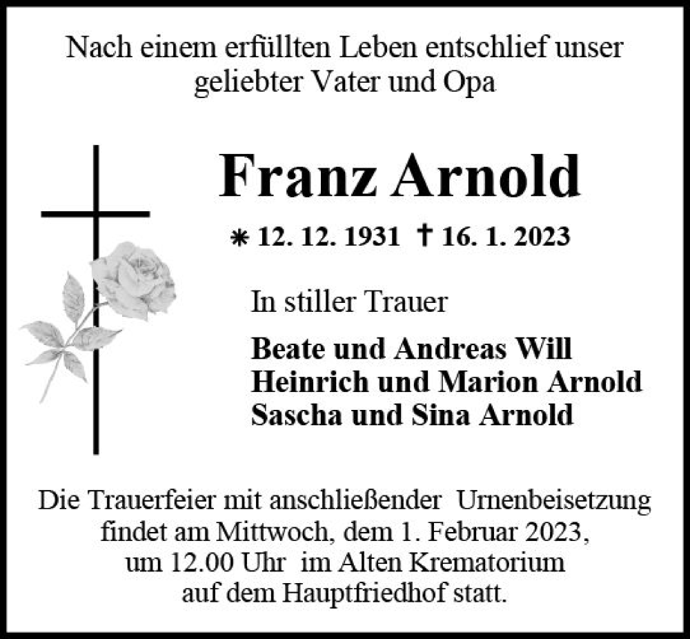  Traueranzeige für Franz Arnold vom 21.01.2023 aus Allgemeine Zeitung Mainz
