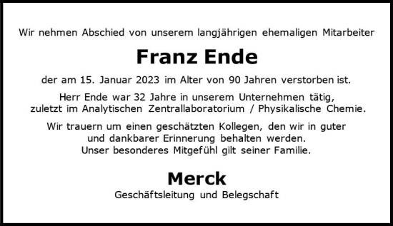 Traueranzeige von Franz Ende von Darmstädter Echo