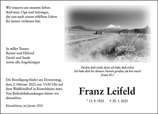 Traueranzeige von Franz Leifeld von Rüsselsheimer Echo
