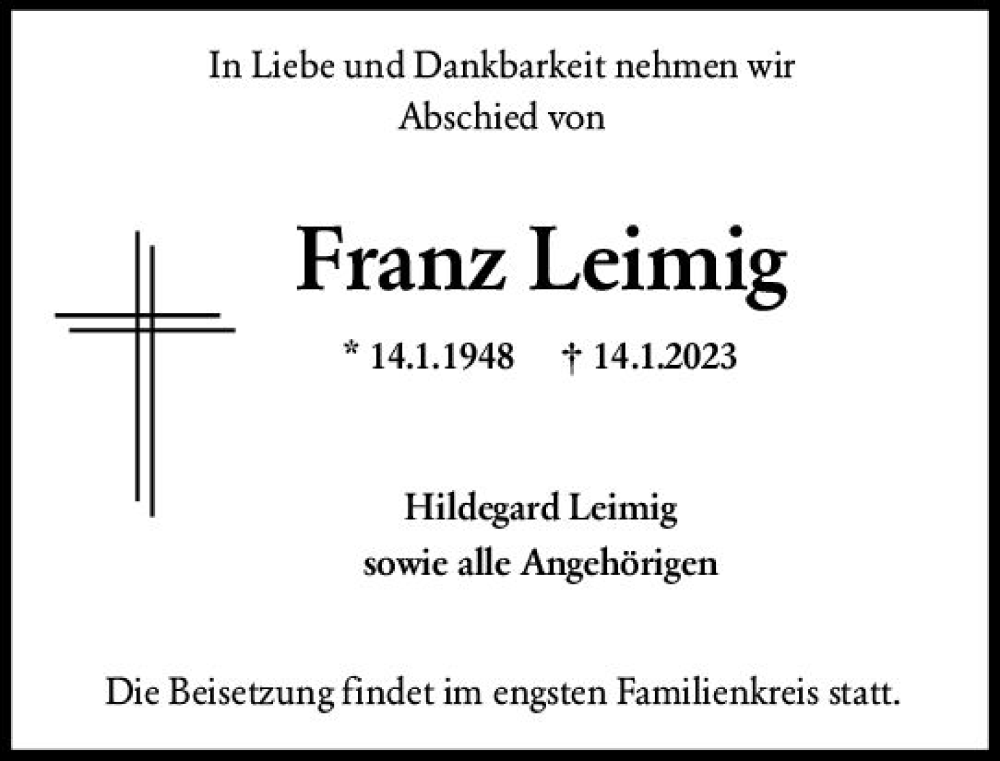  Traueranzeige für Franz Leimig vom 21.01.2023 aus Allgemeine Zeitung Bad Kreuznach