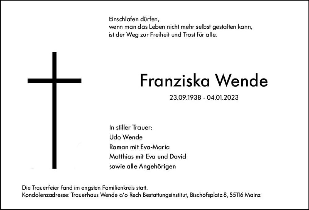  Traueranzeige für Franziska Wende vom 21.01.2023 aus Allgemeine Zeitung Mainz