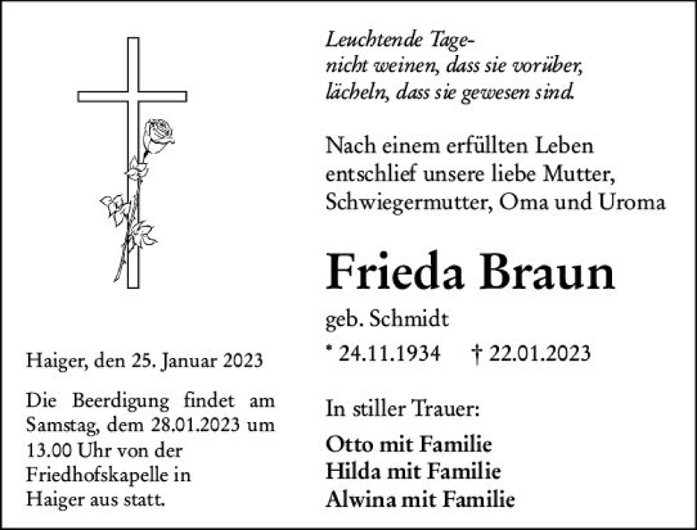  Traueranzeige für Frieda Braun vom 25.01.2023 aus Dill Block