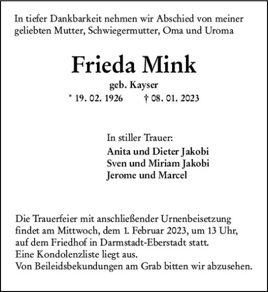 Traueranzeige von Frieda Mink von Darmstädter Echo