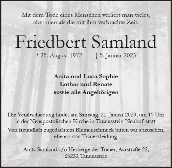 Traueranzeige von Friedbert Samland von Wiesbadener Kurier gesamt