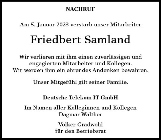 Traueranzeige von Friedbert Samland von Wiesbadener Kurier gesamt