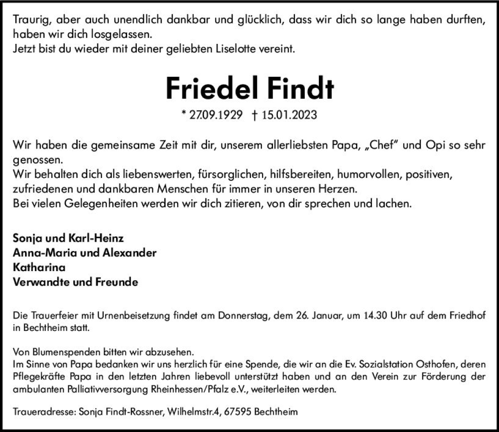  Traueranzeige für Friedel Findt vom 21.01.2023 aus Wormser Zeitung