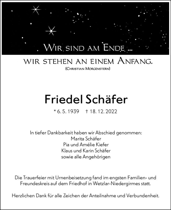 Traueranzeige von Friedel Schäfer von Wetzlarer Neue Zeitung