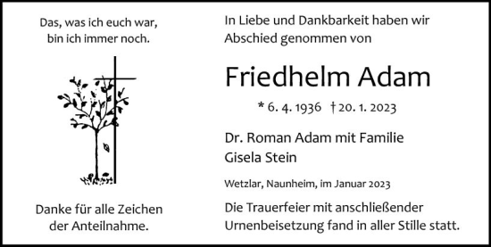 Traueranzeige von Friedhelm Adam von Wetzlarer Neue Zeitung