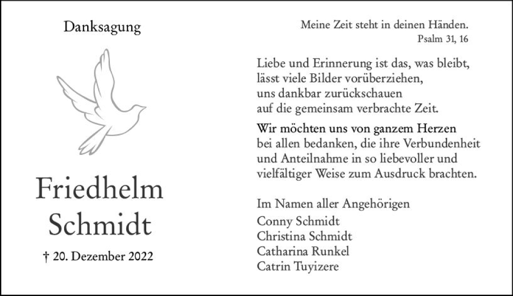  Traueranzeige für Friedhelm Schmidt vom 21.01.2023 aus Hinterländer Anzeiger