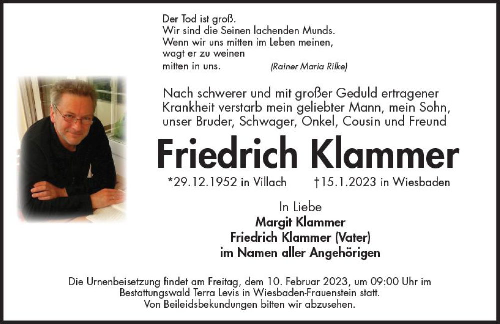  Traueranzeige für Friedrich Klammer vom 21.01.2023 aus Wiesbadener Kurier gesamt