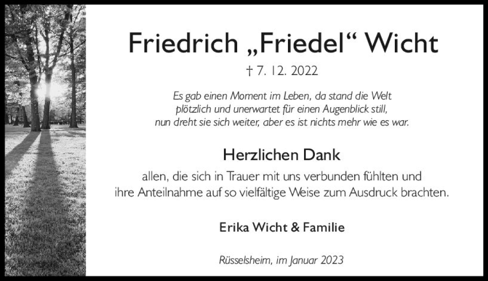  Traueranzeige für Friedrich Wicht vom 21.01.2023 aus Rüsselsheimer Echo