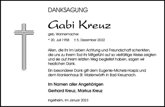 Traueranzeige von Gabi Kreuz von Allgemeine Zeitung Ingelheim-Bingen
