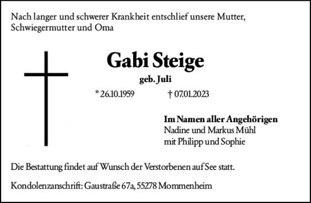  Traueranzeige für Gabi Steige vom 14.01.2023 aus Allgemeine Zeitung Mainz