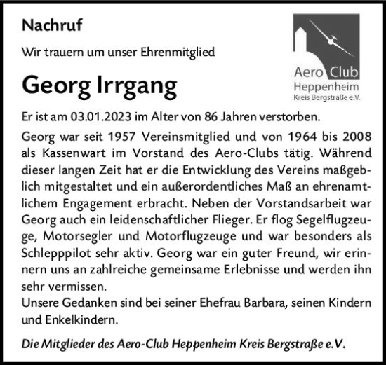Traueranzeige von Georg Irrgang von Starkenburger Echo