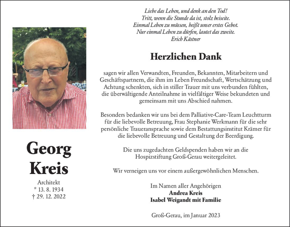  Traueranzeige für Georg Kreis vom 21.01.2023 aus Groß-Gerauer Echo