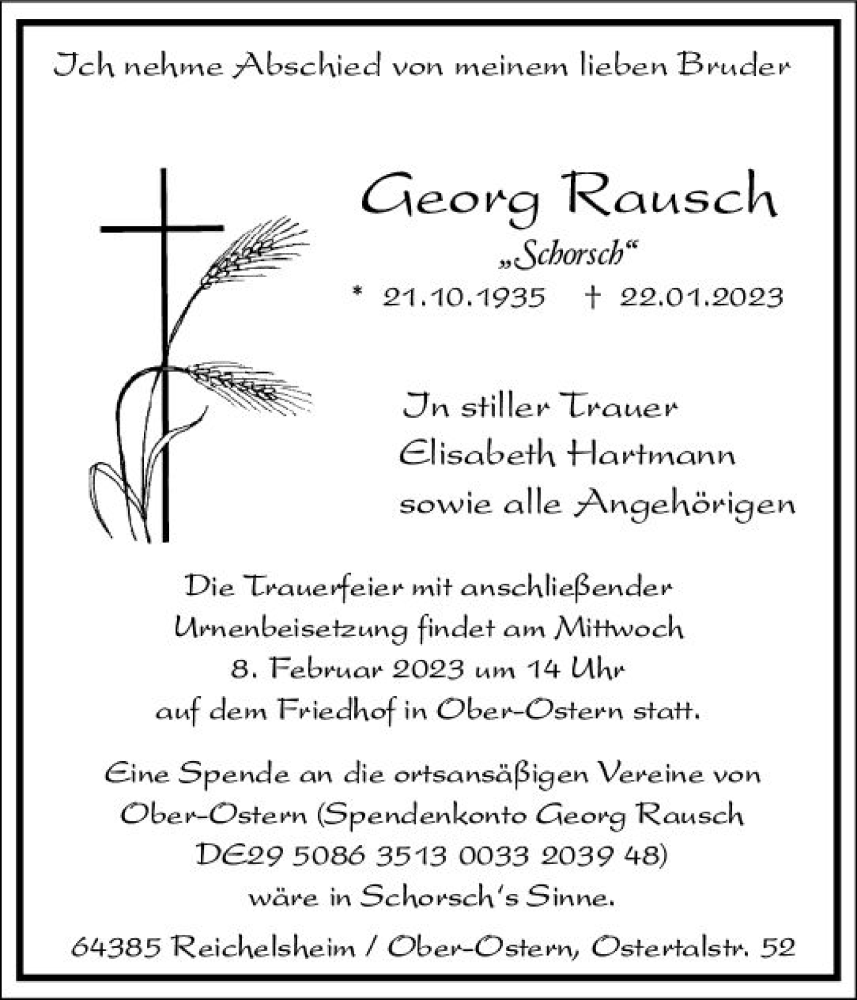  Traueranzeige für Georg Rausch vom 28.01.2023 aus Odenwälder Echo