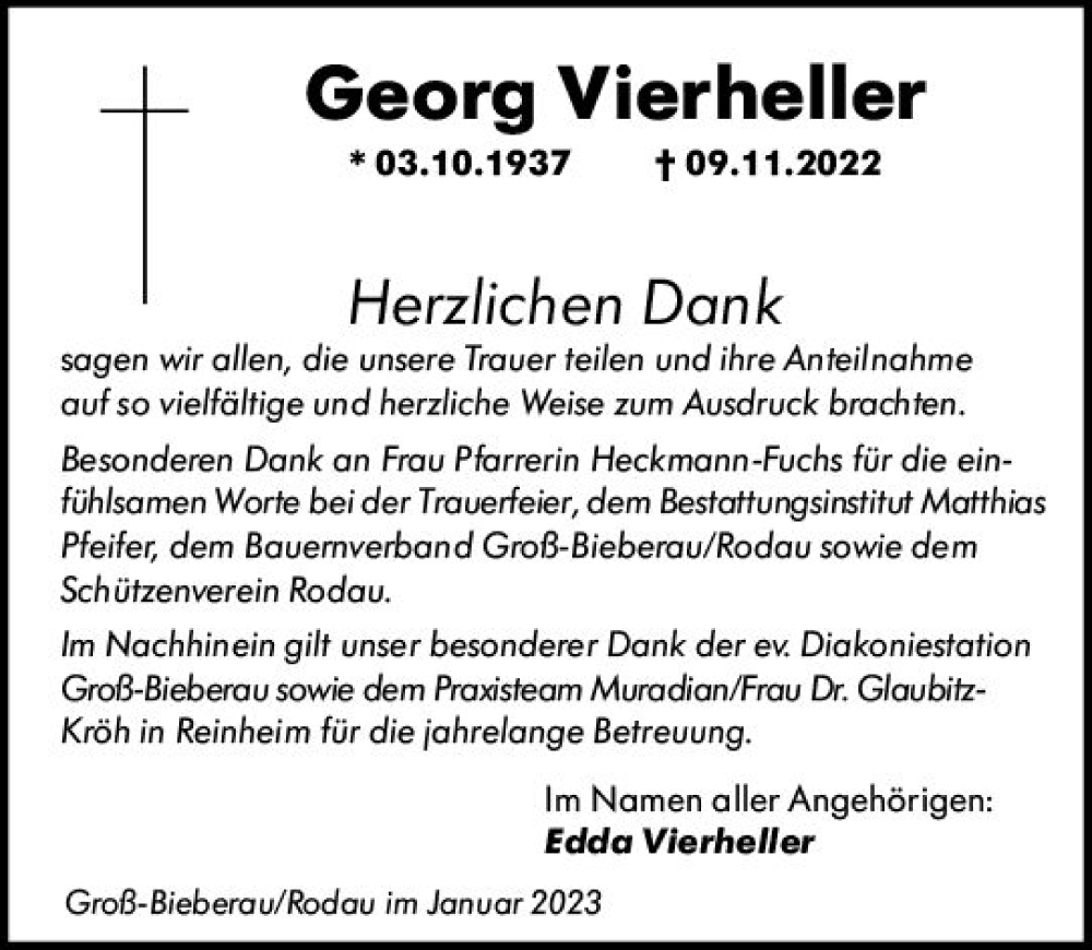  Traueranzeige für Georg Vierheller vom 28.01.2023 aus Darmstädter Echo