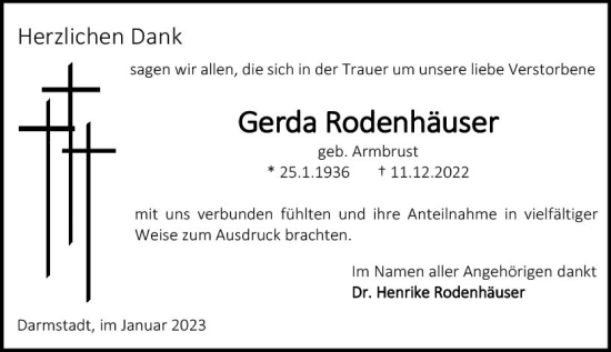 Traueranzeige von Gerda Rodenhäuser von Darmstädter Echo