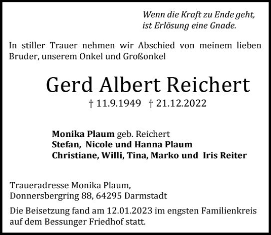 Traueranzeige von Gerd Albert Reichert von Darmstädter Echo