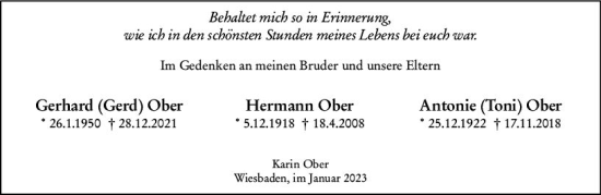 Traueranzeige von Gerhard Ober von Wiesbadener Kurier gesamt