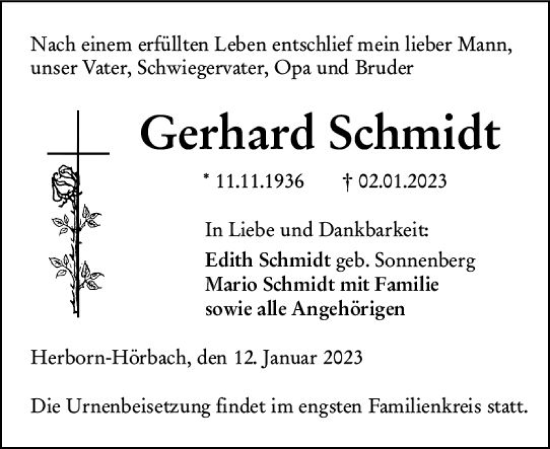 Traueranzeige von Gerhard Schmidt von Dill Block