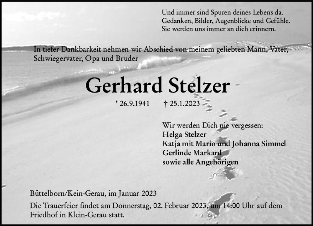  Traueranzeige für Gerhard Stelzer vom 28.01.2023 aus Groß-Gerauer Echo