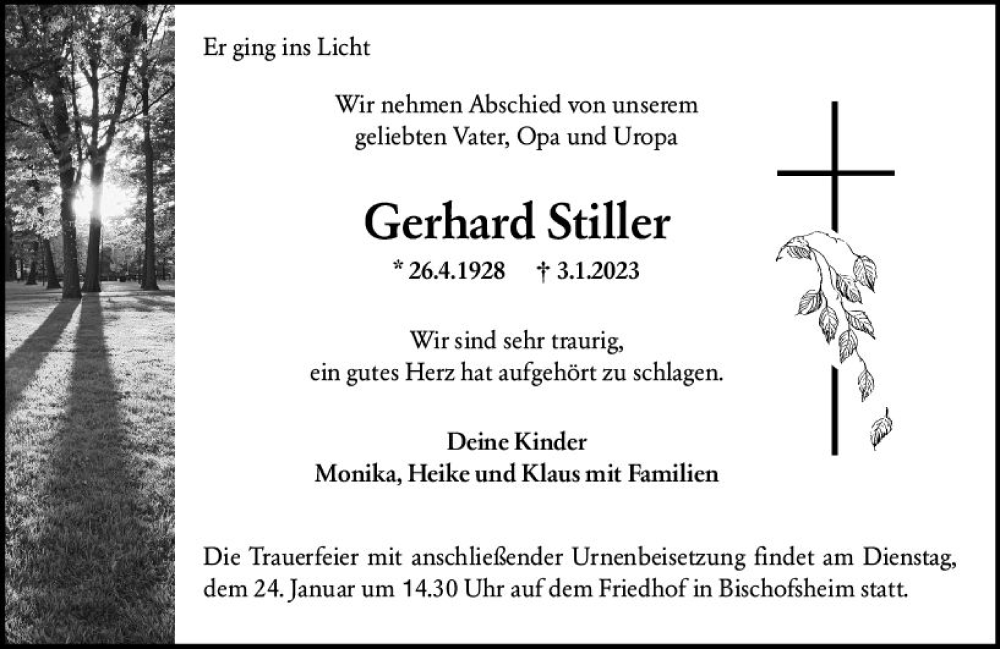  Traueranzeige für Gerhard Stiller vom 21.01.2023 aus Allgemeine Zeitung Mainz