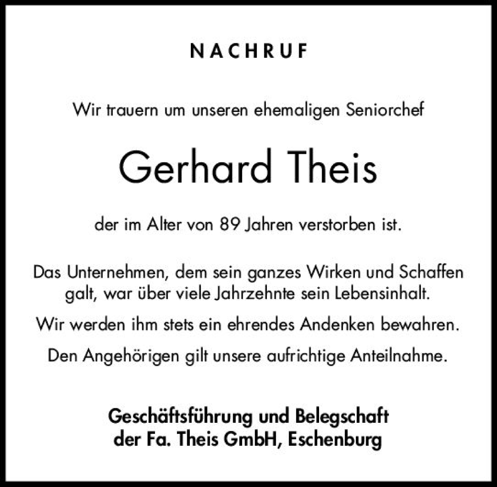  Traueranzeige für Gerhard Theis vom 13.01.2023 aus Dill Block
