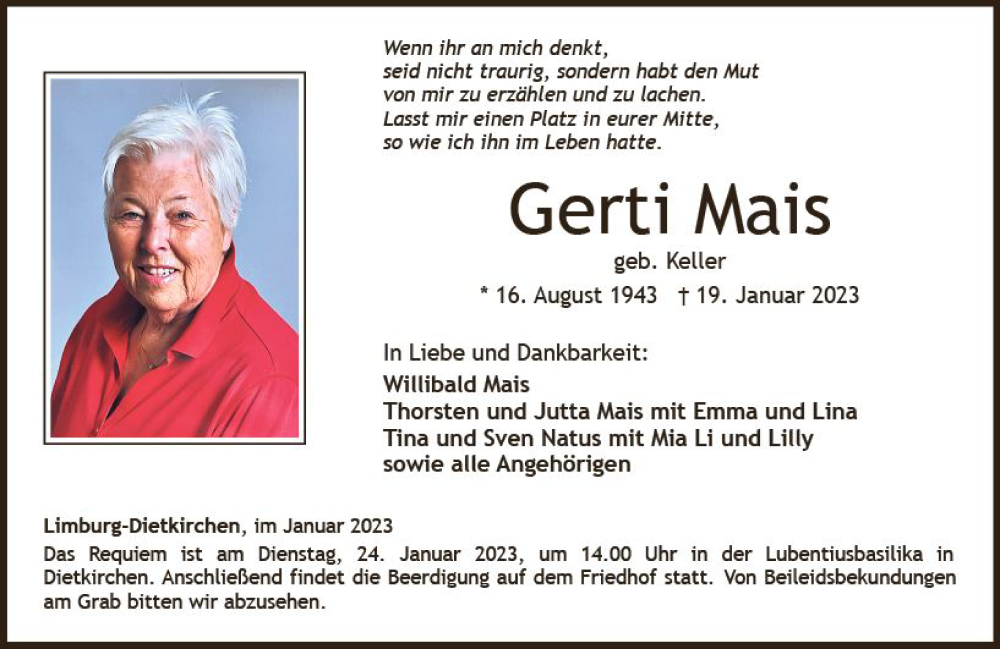  Traueranzeige für Gerti Mais vom 21.01.2023 aus Nassauische Neue Presse