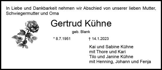 Traueranzeige von Gertrud Kühne von DieburgerAnzeiger/Groß-Zimmerner Lokalanzeiger