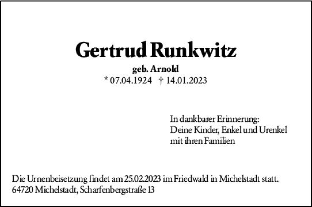  Traueranzeige für Gertrud Runkwitz vom 28.01.2023 aus Odenwälder Echo