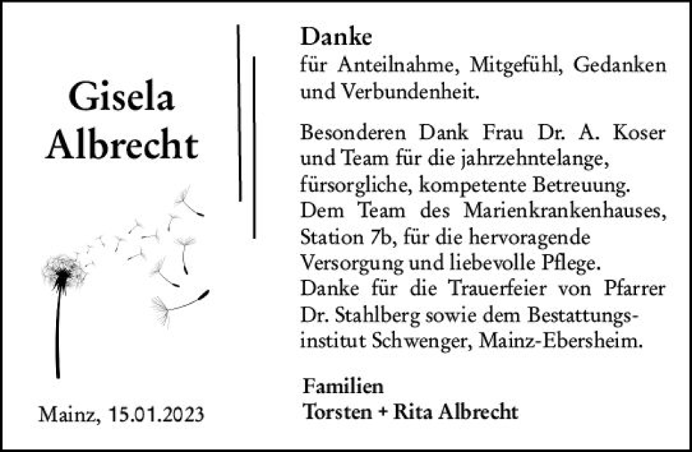  Traueranzeige für Gisela Albrecht vom 28.01.2023 aus Allgemeine Zeitung Mainz