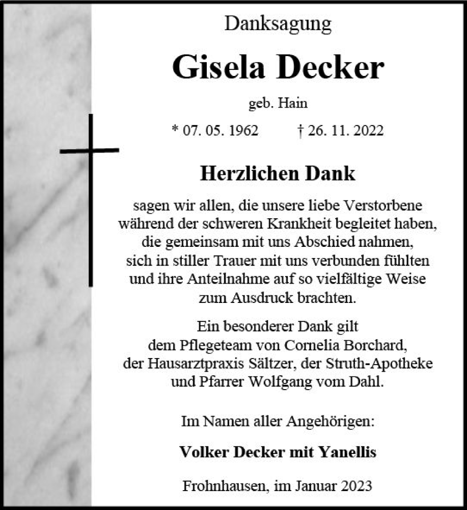  Traueranzeige für Gisela Decker vom 21.01.2023 aus Dill Block